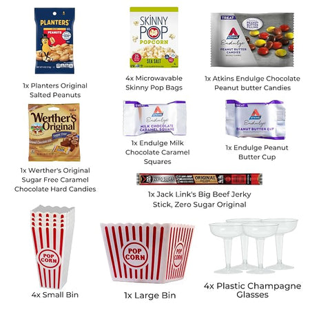 Wownic 18 piece Keto Cravings movie night gift basket contents with snacks popcorn bins and champagne glasses