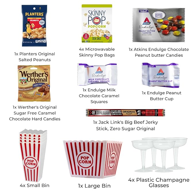 Wownic 18 piece Keto Cravings movie night gift basket contents with snacks popcorn bins and champagne glasses