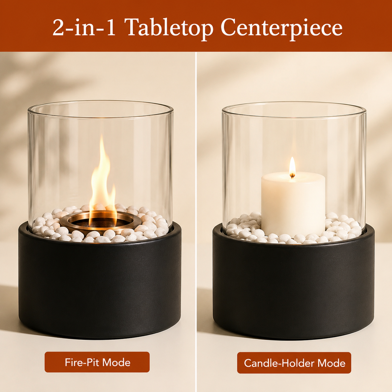 A 2-in-1 tabletop centerpiece shown in two modes side by side: fire-pit mode with a flame and candle-holder mode with a white pillar candle. The product has a matte black cylindrical base filled with white pebbles, a clear glass cylinder, and a small central burner or candle holder.