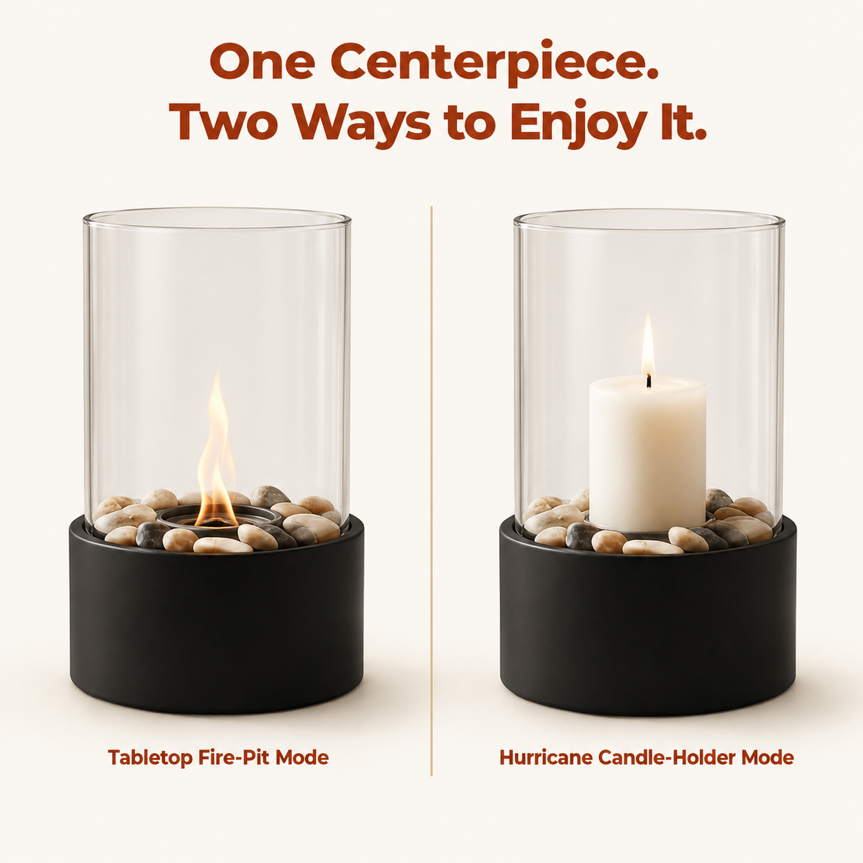 Wownic 2-in-1 tall tabletop fire pit and hurricane candle holder with decorative stones. A product comparison graphic showing a clear cylindrical glass holder with a black base filled with decorative stones, presented in two modes: left as a tabletop fire-pit with a flame, and right as a hurricane candle-holder with a white pillar candle. Text at the top reads 'One Centerpiece.