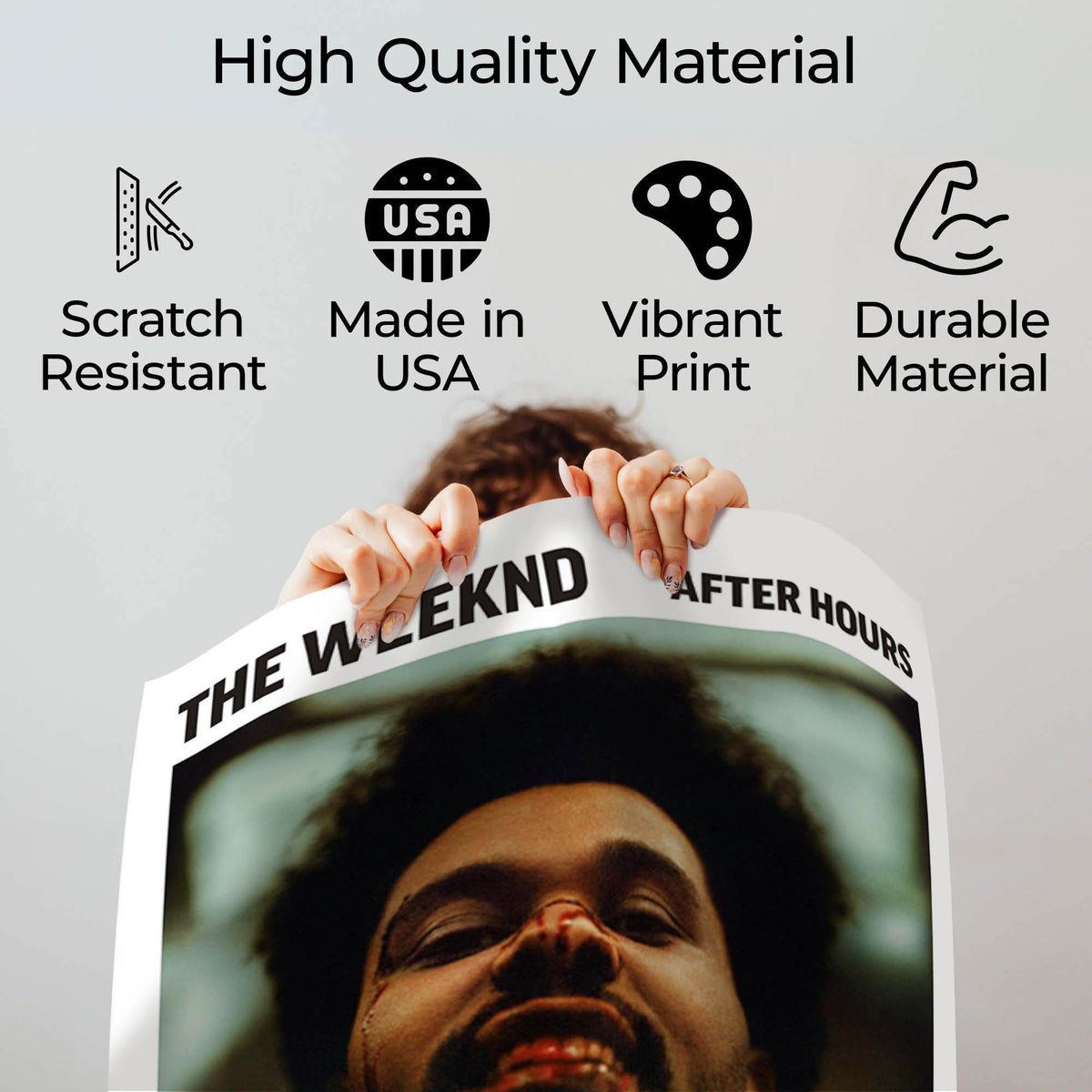 Wownic After Hours music poster quality guide showing scratch-resistant material, Made in USA, vibrant print and durable construction