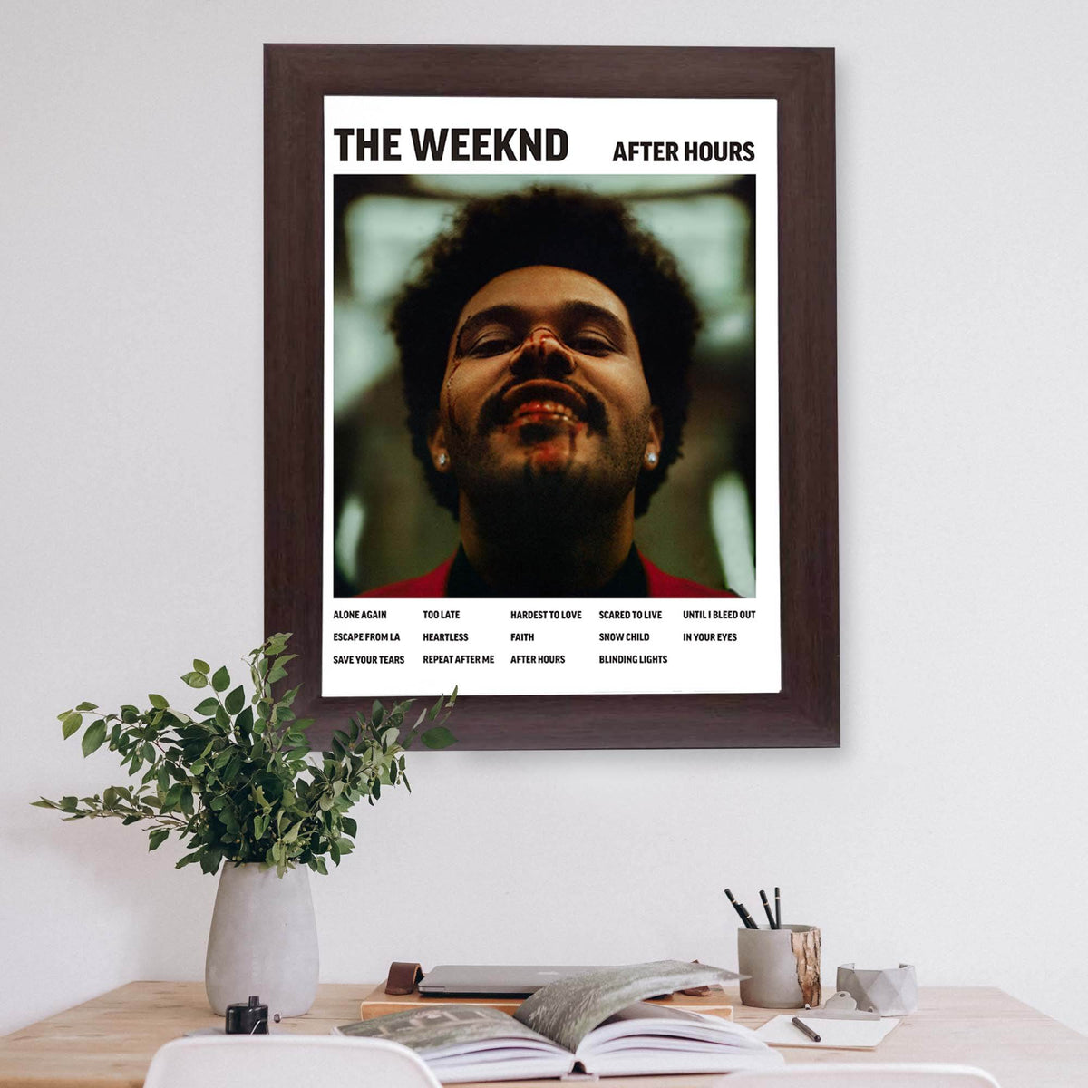 Wownic After Hours dark music wall art displayed as a framed poster above a modern desk