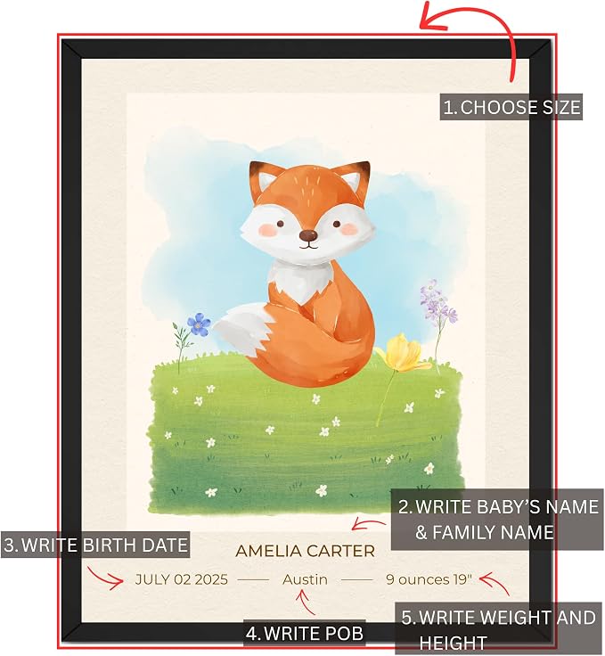 Wownic baby fox poster customization guide showing size, baby name, birth date, place of birth, weight and height