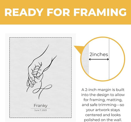 Wownic baby hand line art poster with approximately 2-inch margin for framing, matting and safe trimming