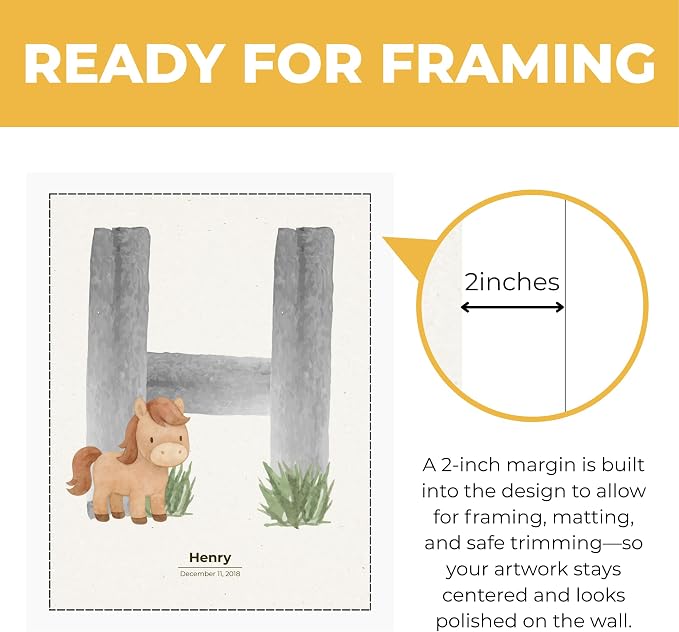 Wownic custom baby horse H initial poster with approximately 2-inch margin for framing, matting and safe trimming