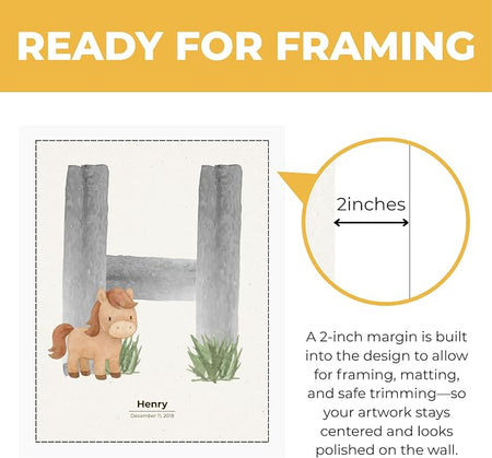 Wownic custom baby horse H initial poster with approximately 2-inch margin for framing, matting and safe trimming