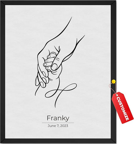 Wownic custom baby name and birth date poster featuring minimalist parent and baby hand line art