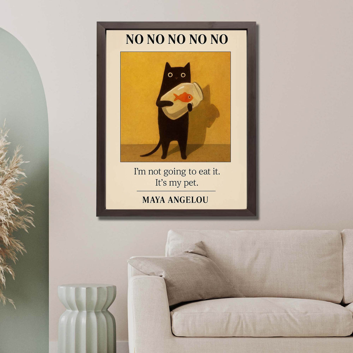 Wownic funny black cat and goldfish wall art displayed as a framed poster above a modern sofa
