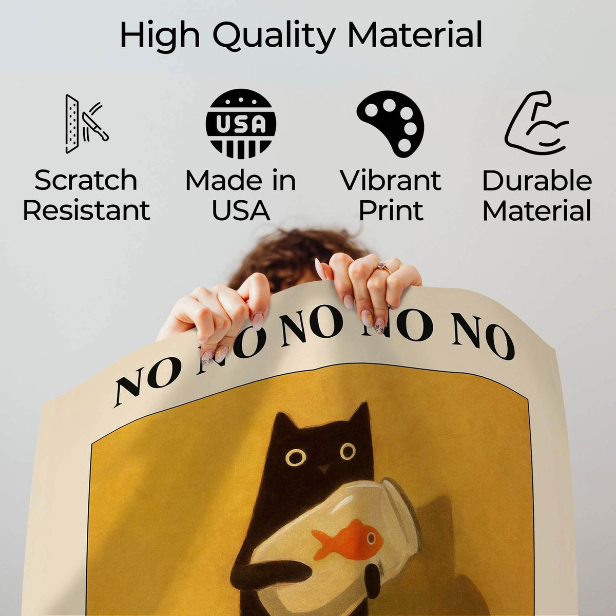 Wownic black cat poster quality guide showing scratch-resistant material, Made in USA, vibrant print and durable construction