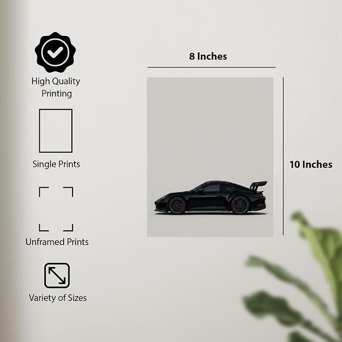 Wownic black sports car unframed canvas print shown in 8 by 10 inch size with high-quality printing