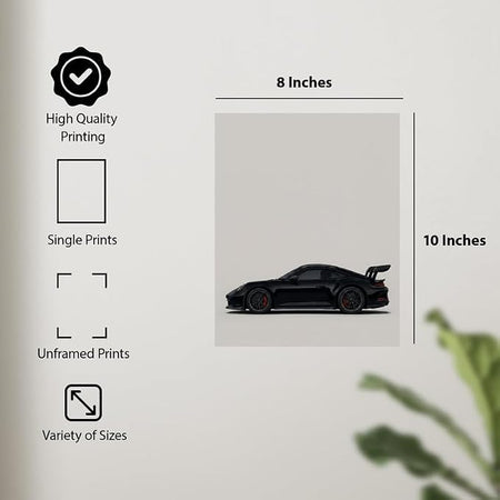 Wownic black sports car unframed canvas print shown in 8 by 10 inch size with high-quality printing