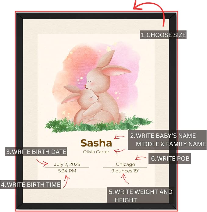 Wownic personalized bunny birth poster customization guide showing baby name, birth date, time, birthplace, weight and height