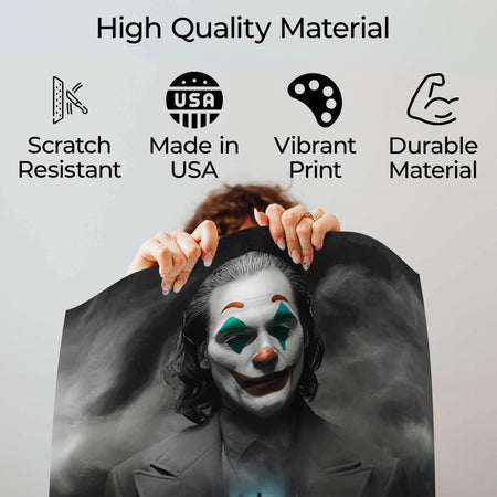 Wownic cinematic clown poster quality guide showing scratch-resistant material, Made in USA, vibrant print and durable construction