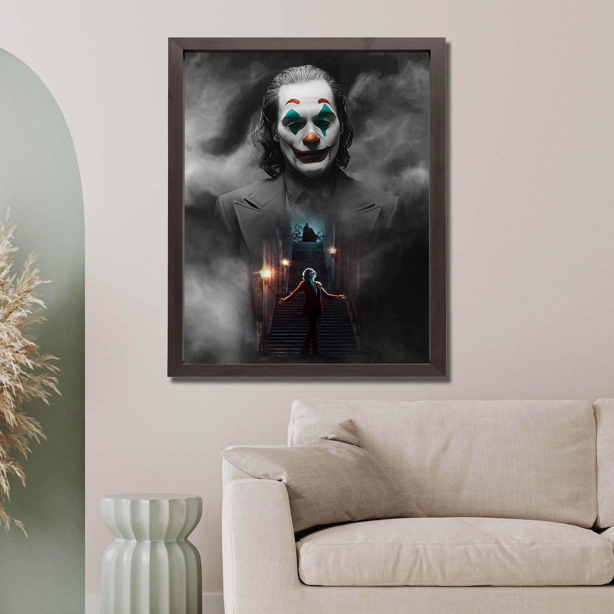 Wownic cinematic clown character wall art displayed as a framed focal point above a modern sofa