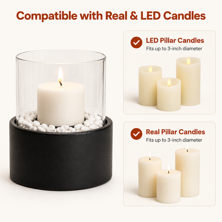 A black cylindrical candle holder with a clear glass top and white pebbles, shown with a lit white pillar candle inside. The image includes text and inset photos stating compatibility with real and LED pillar candles up to 3-inch diameter.