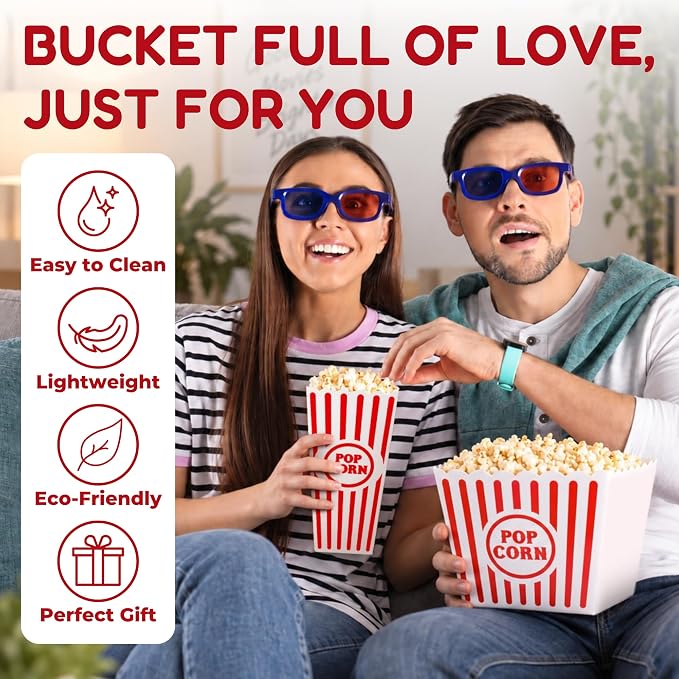 Couple enjoying popcorn together with reusable movie night popcorn bins
