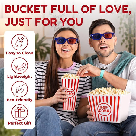 Couple enjoying popcorn together with reusable movie night popcorn bins