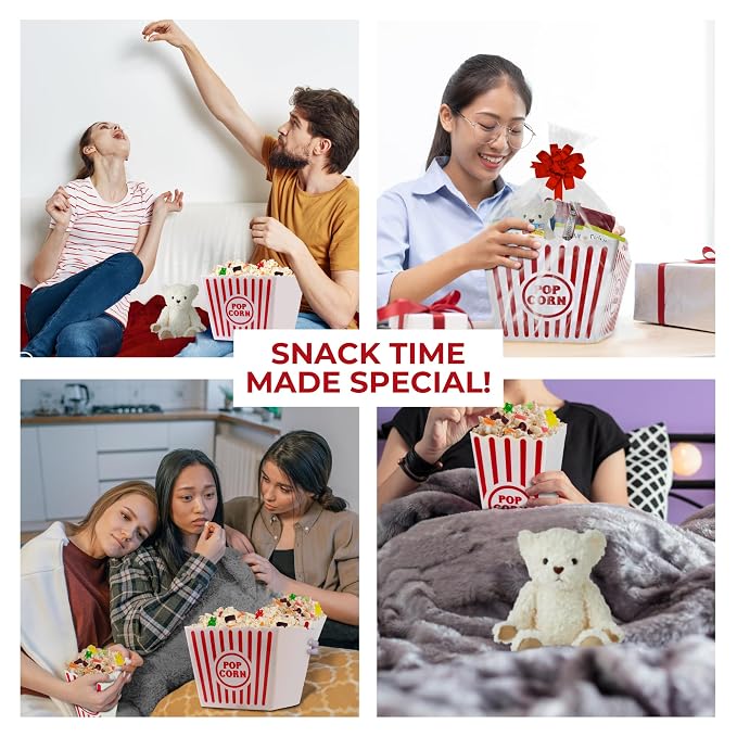 Cozy movie night scenes featuring Wownic reusable popcorn bins snacks blanket and teddy bear