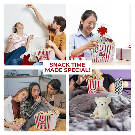 Cozy movie night scenes featuring Wownic reusable popcorn bins snacks blanket and teddy bear