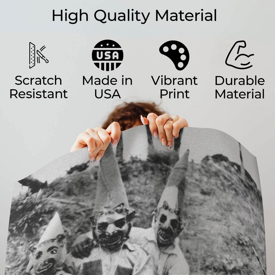 Wownic creepy family photo poster quality guide showing scratch-resistant material, Made in USA, vibrant print and durable construction
