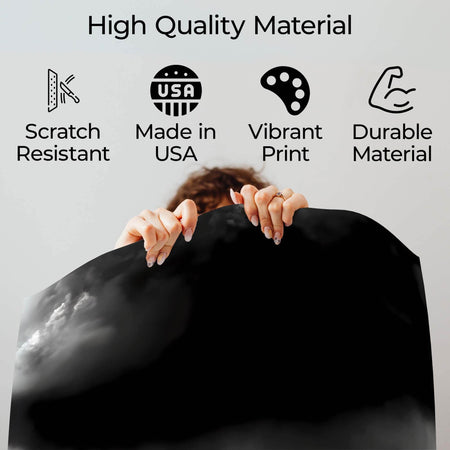 Wownic Cry music poster quality guide showing scratch-resistant material, Made in USA, vibrant print and durable construction