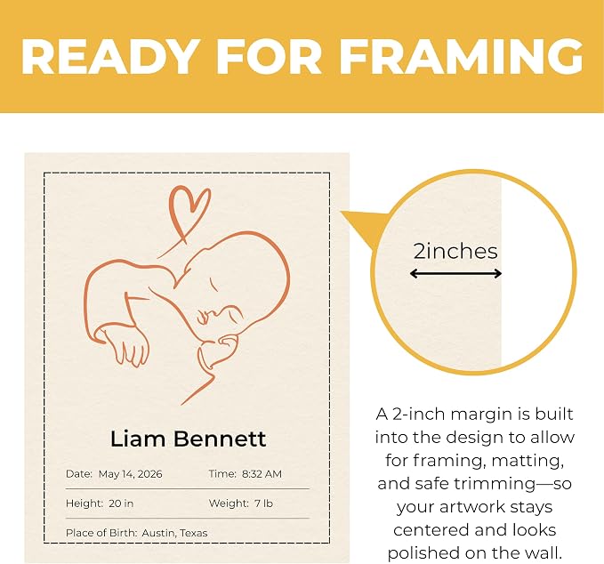 Wownic custom baby birth details poster with approximately 2-inch margin for framing and matting