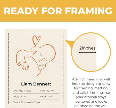 Wownic custom baby birth details poster with approximately 2-inch margin for framing and matting