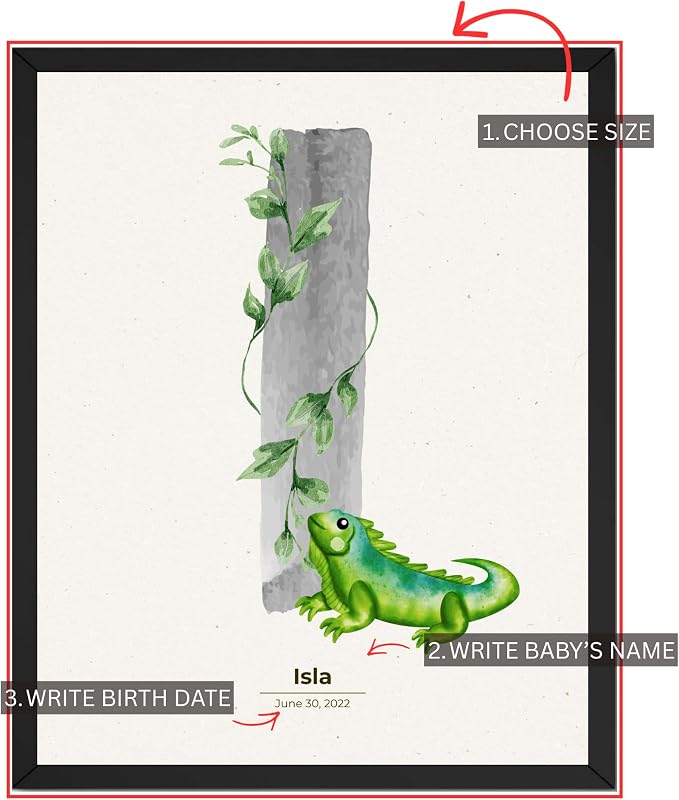 Wownic custom iguana nursery poster guide showing choose size, add baby name and birth date