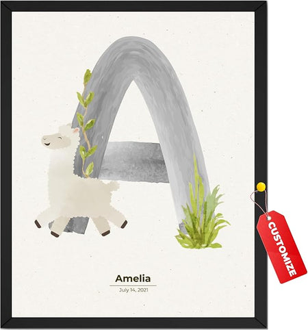 Wownic custom baby initial nursery poster with llama illustration, baby name and birth date