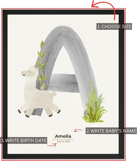 Wownic custom nursery poster guide showing choose size, add baby name and birth date