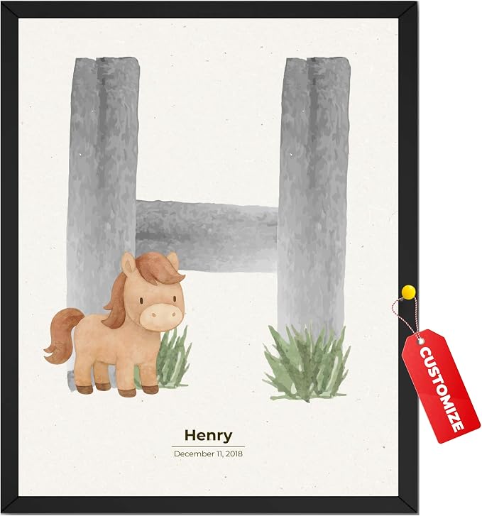 Wownic custom baby name horse nursery poster with H initial and birth date