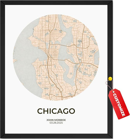Wownic custom city map poster with Chicago city name, custom name and date