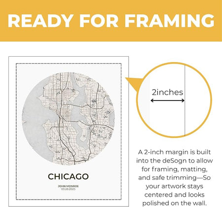 Wownic custom city map poster with approximately 2-inch built-in framing margin