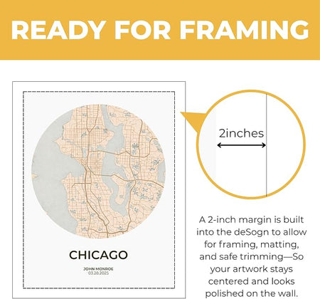Wownic custom city map poster with approximately 2-inch margin for framing, matting and safe trimming