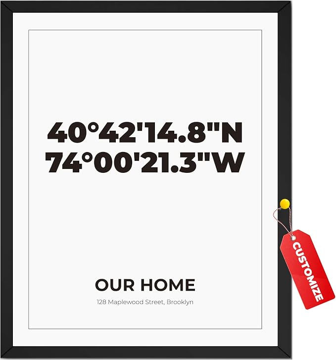 Wownic custom coordinates poster with GPS coordinates, custom title and address in minimalist black and white style