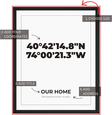 Wownic custom coordinates wall art guide showing choose size, add coordinates, title and address