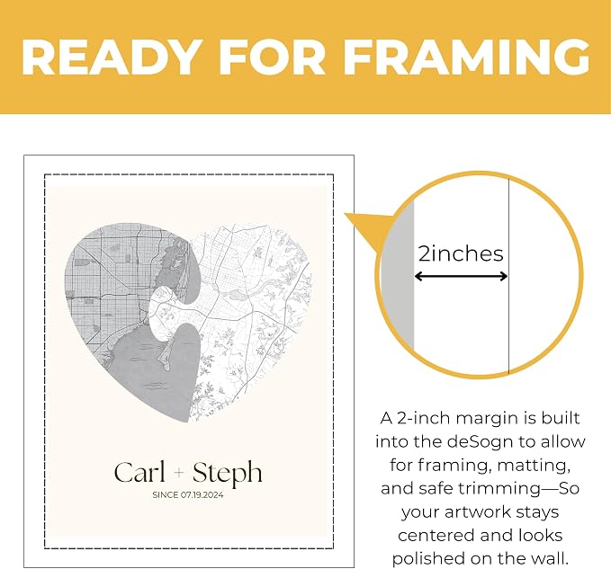 Wownic custom couple heart map poster with approximately 2-inch framing margin