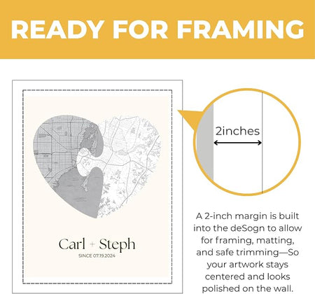 Wownic custom couple heart map poster with approximately 2-inch framing margin