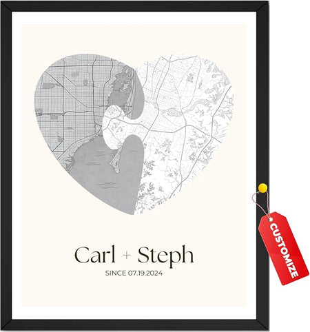 Wownic custom couple heart map poster featuring custom names and special date