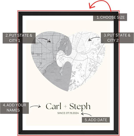 Wownic custom couple heart map poster featuring custom names and special date