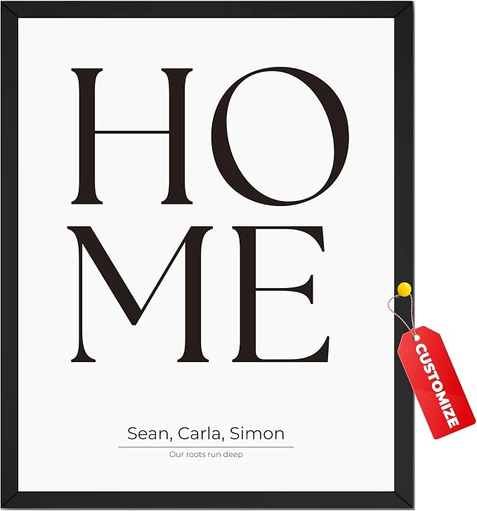 Wownic custom family HOME poster with custom names and meaningful text in minimalist black and white typography