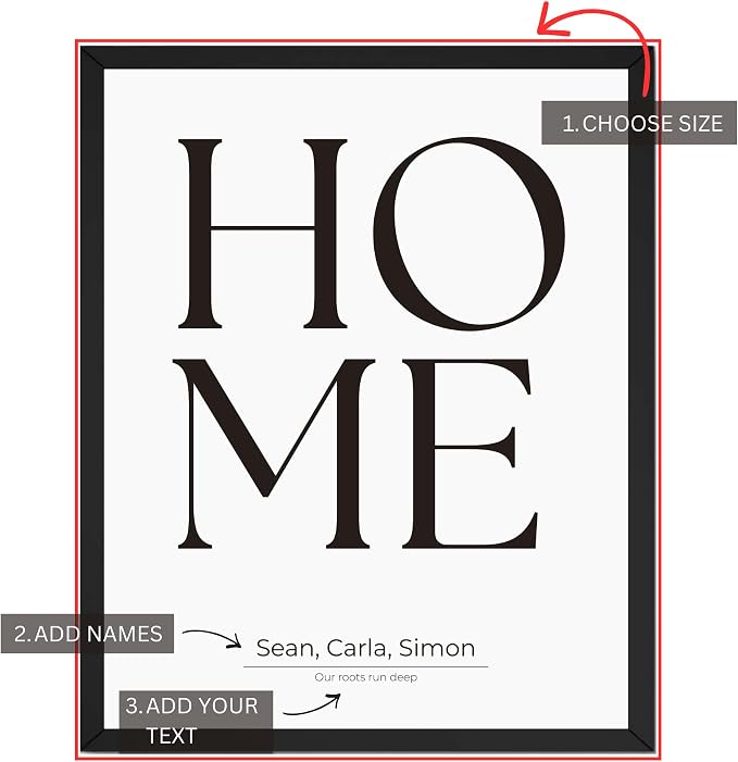 Wownic custom HOME wall art guide showing choose size, add names and custom text