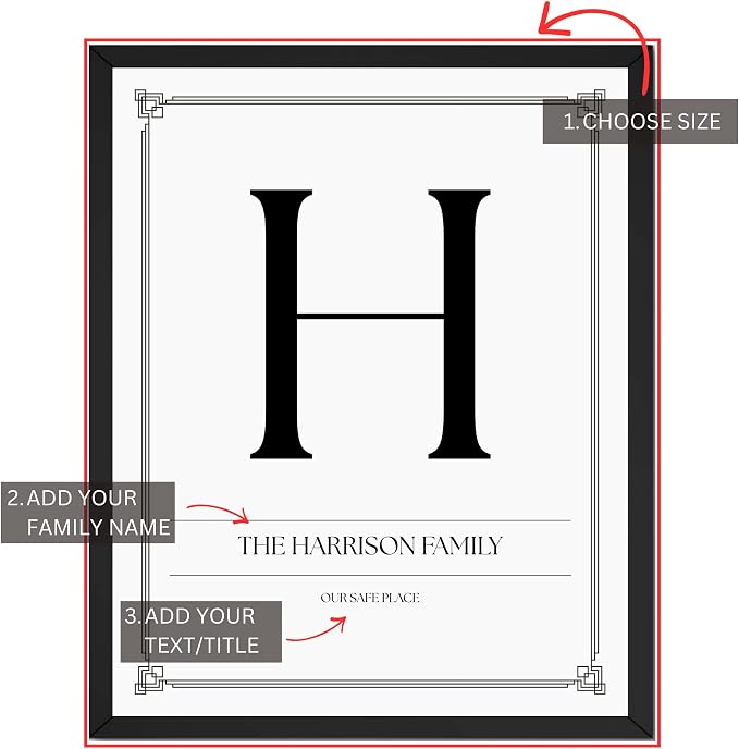 Wownic custom family monogram wall art guide showing choose size, add family name and custom text or title