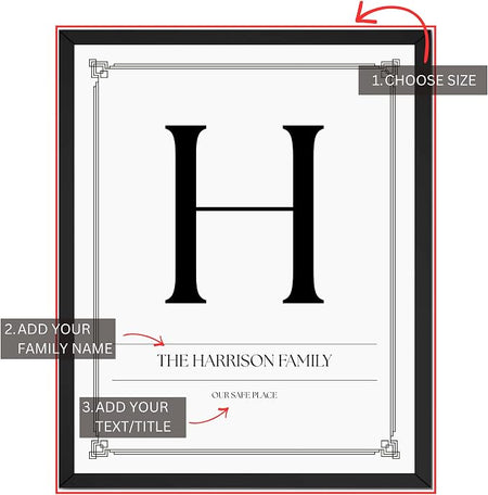 Wownic custom family monogram wall art guide showing choose size, add family name and custom text or title