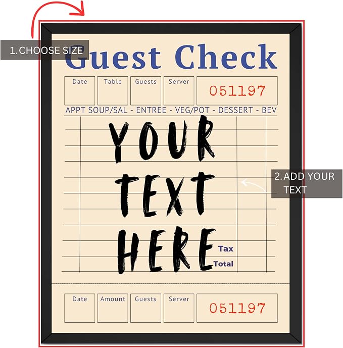 Wownic custom Guest Check wall art guide showing choose size and add your custom text