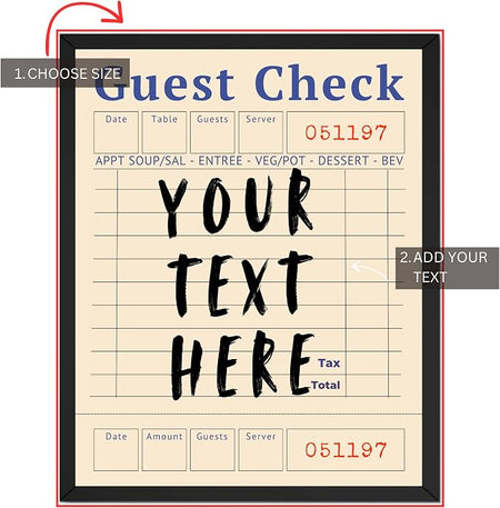 Wownic custom Guest Check wall art guide showing choose size and add your custom text