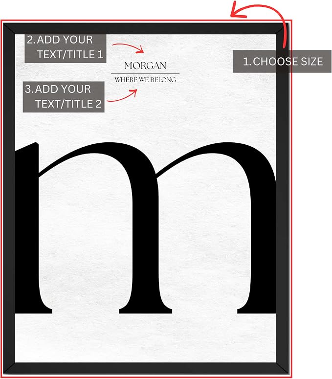 Wownic personalized monogram-style poster customization guide showing size and two custom text or title fields