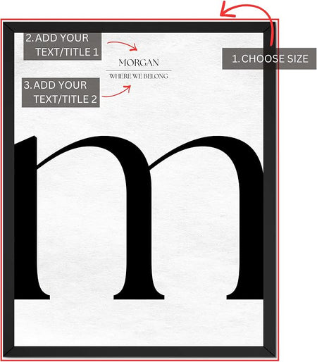 Wownic personalized monogram-style poster customization guide showing size and two custom text or title fields