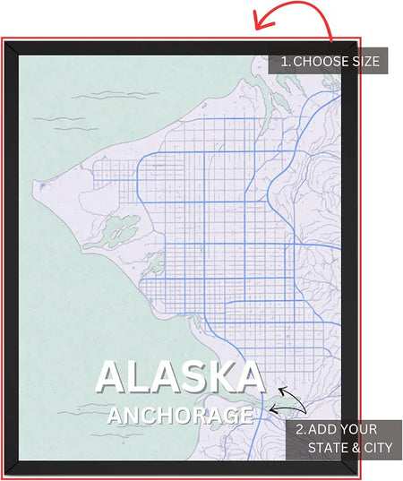 Wownic custom map poster guide showing choose size and add your state and city