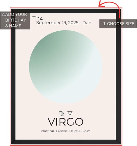 Wownic custom Virgo poster guide showing choose size and add birthday and name